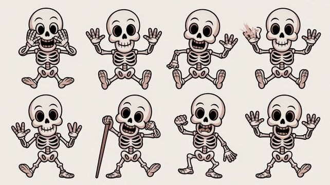 Dancing Skeletons in Various Poses on Beige Background