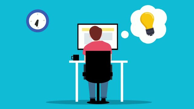 a man sits at a desk using a computer with a lightbulb thought bubble above his head. the scene illustrates