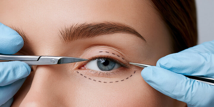 Cosmetic surgery procedure, close-up of a person's eye with surgical markings, and instruments held by gloved hands