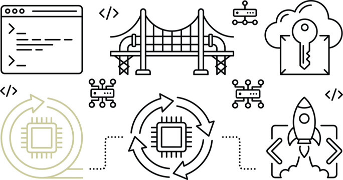 Software engineering and cloud infrastructure line icon vector set featuring network bridge coding terminal rocket and security keys