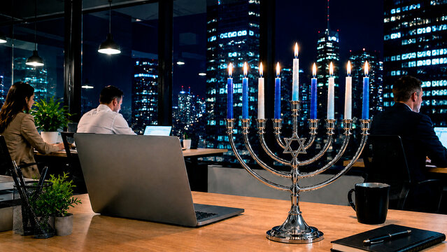 Lit Hanukkah menorah on a desk in a modern corporate office at night. Jewish holiday celebration in a workplace with business people working and city skyline in background