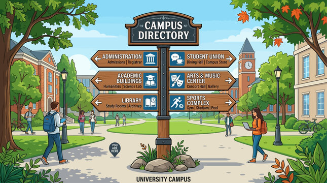 A vibrant university campus directory signpost amidst charming collegiate architecture and students on a sunny day, illustrating student life and campus navigation