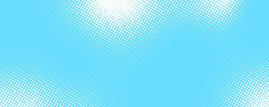 Bright blue sky halftone background. Fading retro comic gradient pattern. Pixelated dotted cloud texture overlay. Cartoon pop art grain backdrop for poster, banner, advertisement, brochure. Vector