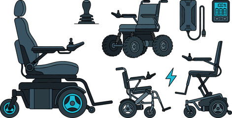 Electric Wheelchair and Power Mobility Scooter Vector Set Featuring Heavy Duty Offroad Folding Models Charger Joystick and Battery Status Interface Elements © Borsha