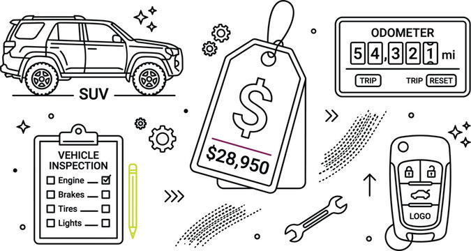Used car dealership and automotive valuation vector line icon set with suv price tag odometer inspection checklist and key