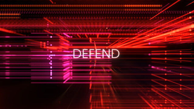 Defend concept title appearing in a futuristic cyber defense environment featuring red digital light trails, advanced network structures, and security technology aesthetics.