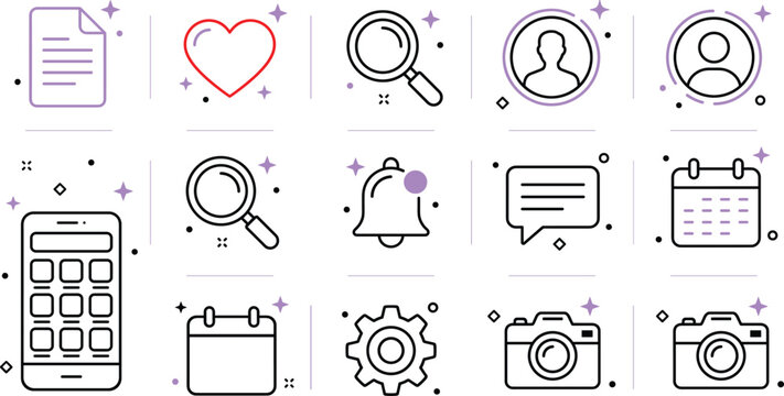 User interface mobile application icon set vector illustration with heart camera calendar document bell search setting line art