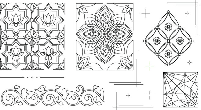 Vintage ceramic tile pattern vector collection featuring geometric mandala lotus floral borders and decorative architectural mosaic elements