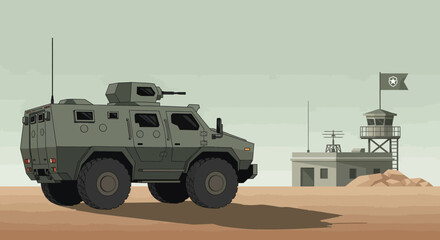 Fototapeta premium Armored Military Vehicle at Base, Pixel Art
