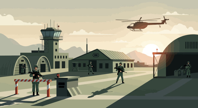 Airbase Scene: Soldiers Patrol, Helicopter Flies at Dawn