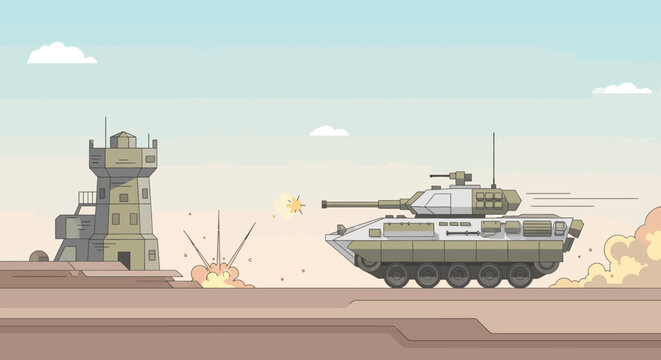 Animated military tank firing at a watchtower in a desert landscape