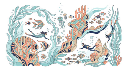 Obraz premium Underwater scene with scuba divers, tropical fish, jellyfish, coral reef and seaweed