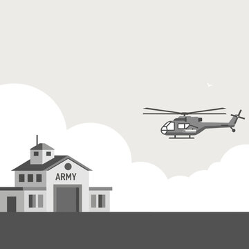 Army helicopter flies over military building, aviation concept