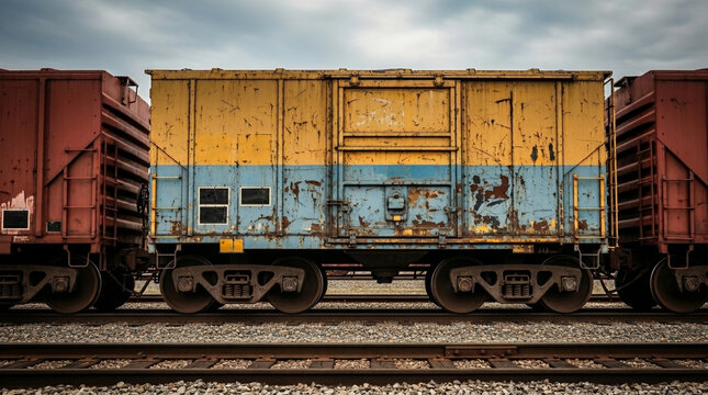 Weathered yellow and blue freight train car parked on tracks with other train cars under a cloudy sky, side view.