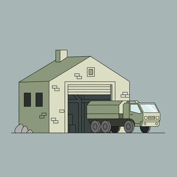 Artistic Flat Illustration of a Truck Pulling into a Garage