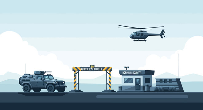 Border security checkpoint illustration with armored vehicle and helicopter