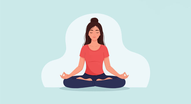 Flat vector illustration of a young woman with brown hair in a bun sitting in a lotus meditation pose with eyes closed and hands in mudra on a soft blue and white background.