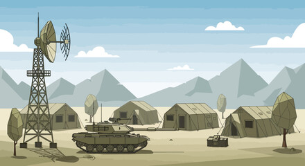 Obraz premium Cartoon military base camp scene with tank, tents, and windmill