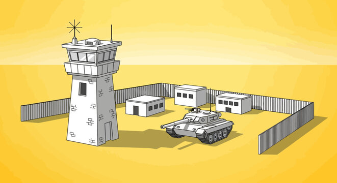 Cartoon military base illustration with tank, buildings, and watchtower