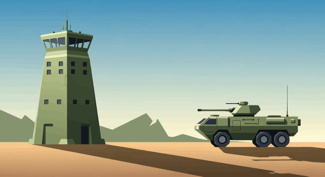 Cartoon Military Base with Armored Vehicle and Watchtower in Desert Landscape