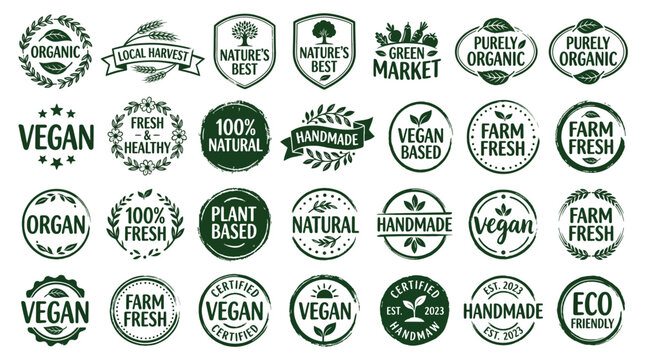 Set of organic, vegan, farm fresh, natural, handmade and eco friendly product labels and badges