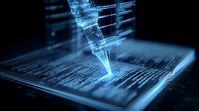 Digital pen writing on an open book, representing automated documentation, intelligent content creation, and future knowledge systems.
