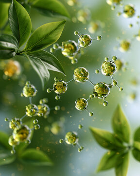 Green tea leaves with catechin molecular overlay for clean antioxidant wellness and nutrition science concept