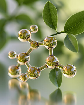 Green tea leaves with catechin molecular overlay for clean antioxidant wellness and nutrition science concept