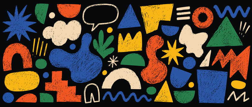 Abstract handdrawn doodle shapes set, colorful modern geometric and organic elements, trendy artistic vector illustration on black background