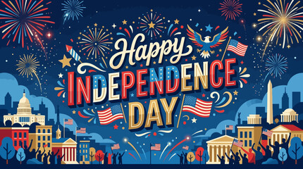 Obraz premium Independence Day Celebration with Fireworks and American Flags Illustration