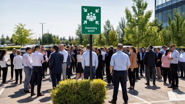 Office Workers at Assembly Point Sign During Emergency Evacuation Drill