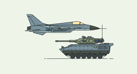 Fototapeta premium Military aircraft and armored tank illustration against beige background.