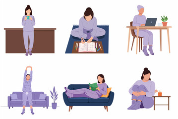 Fototapeta premium Set of flat illustrations showing a woman in purple pajamas practicing self-care, remote work, and daily routines at home