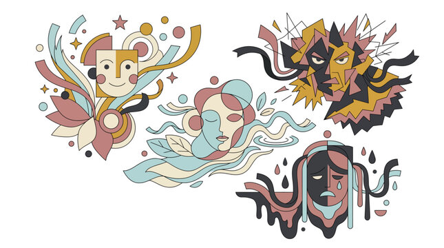 Set of abstract human faces representing different emotions and moods in a modern geometric art style