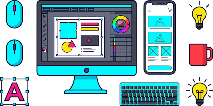 Graphic Design and Web Development Workplace Icon Set with Computer Monitor Software Interface Smartphone Keyboard Mouse Lightbulb and Vector Tools