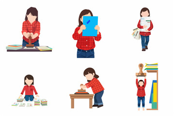 Fototapeta premium Vector illustration set of a young girl in a plaid shirt performing various administrative tasks, including stamping documents, sorting files, and carrying heavy stacks of paperwork.