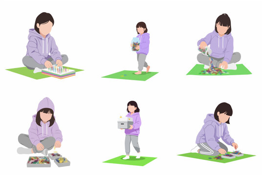 Set of illustrations featuring a young girl sorting and playing with colorful paperclips to develop fine motor skills