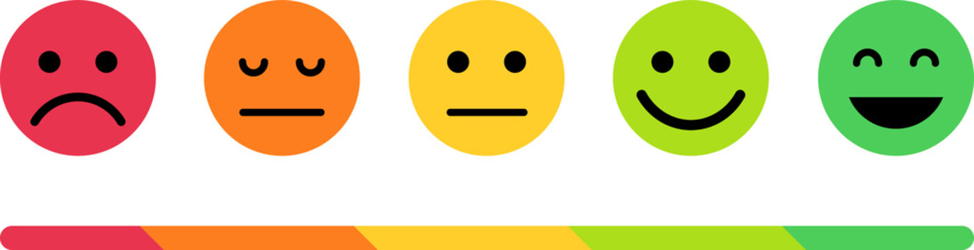 Five colorful emotion rating scale icons from sad to happy isolated on transparent background