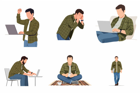 Set of faceless man illustrations performing various activities like working on a laptop, celebrating success, feeling stressed, and relaxing with coffee