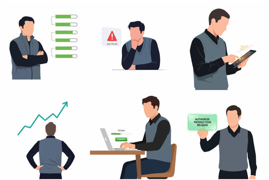 Professional software developer and DevOps engineer character set working on coding, deployment, and monitoring in flat vector illustration style