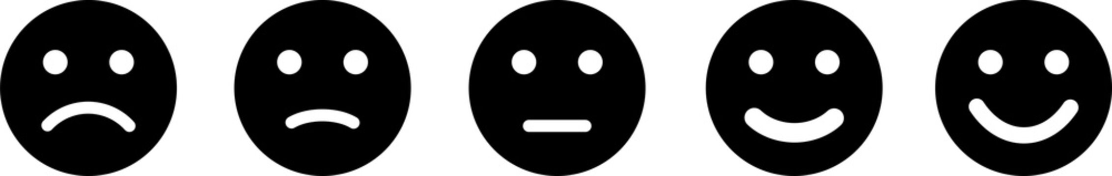 Set of five feedback smiley face icons showing mood rating isolated on transparent background