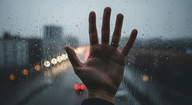 A hand presses against a rain-streaked window, offering a poignant glimpse of blurred city lights and traffic, evoking a sense of longing and isolation.