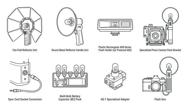 Camera flash accessories including reflector units holder bracket adapter sync cord socket and flash gun.