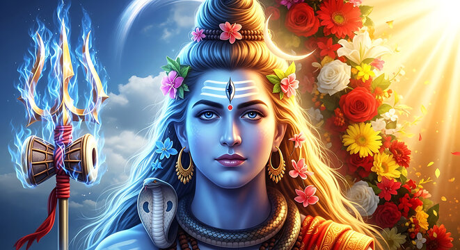 Divine portrait of lord shiva with trishula and floral adornments