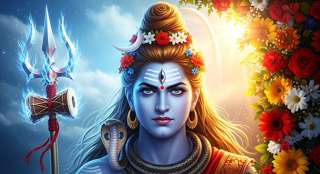 Divine lord shiva with trishula and flowers