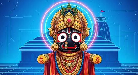 Fototapeta premium Digital illustration of lord jagannath with neon temple background