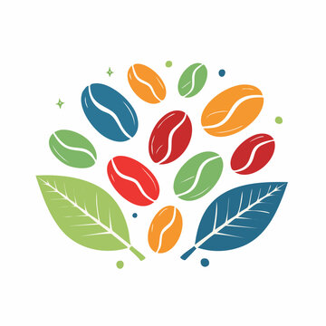 Colorful Coffee Beans and Leaves Illustration