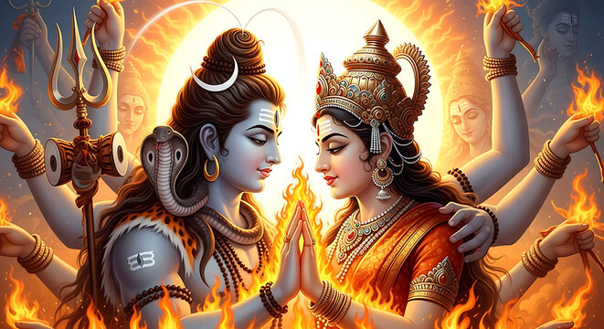 Divine union of lord shiva and goddess parvati amidst sacred flames