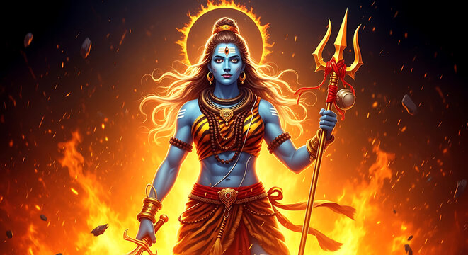 Divine hindu deity lord shiva with trident in cosmic fire