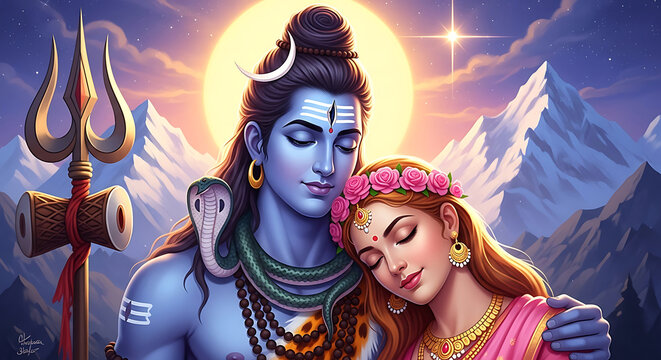 Lord shiva and goddess parvati in a divine embrace amidst the himalayan mountains